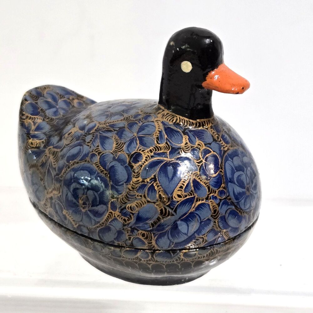 VTG Lacquered FLORAL DUCK Paper‎ Mache Trinket Box 3" tall Blue and Gold Boho